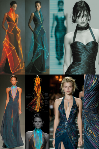 时装线稿转为真人模特效果，t台背景，2：3竖构图，高定礼服，立体剪裁，金属质感面料，聚光灯照明，动态走秀姿势，冷色调，未来感，超现实风格，细节特写，长焦镜头，锐利光影，模特冷峻表情，高级灰背景，时尚大片质感