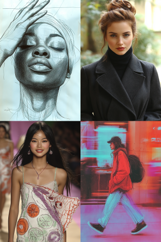 时装设计草图变为真人模特试穿效果，t台秀背景，2:3竖构图，模特身穿高定服装，动态步伐，自信表情，精致妆容，高清细节，聚光灯，冷色调，未来感，金属质感，长焦镜头，浅景深，动态模糊，华丽舞台，烟雾效果，时尚大片，高级感，对比强烈，动感线条