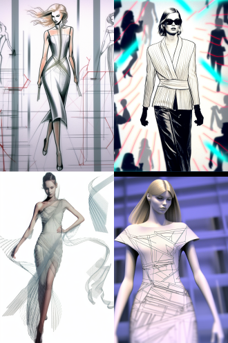 时装线稿设计草图变成真实模特试穿效果，2：3尺寸，t台秀背景，高清晰度，时尚摄影，专业模特，优雅姿势，立体剪裁服装，流畅线条，聚光灯，动态走秀，未来感，金属质感面料，冷色调，长焦镜头，浅景深，后台氛围，设计师手稿元素融入背景，自信表情，现代极简风格