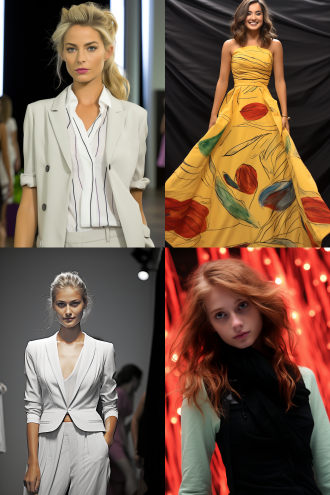 时装线稿变为真实模特试穿效果，t台灯光闪耀，模特高挑冷艳，身穿立体剪裁时装，表情自信，背景模糊观众，暖光与冷光交错，高清细节，2:3画幅，长焦镜头，浅景深，动态走秀，丝绸与金属质感，高级灰与亮色碰撞，未来感。