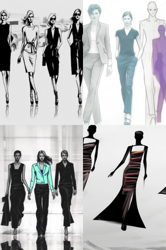 时装线稿变为真实模特试穿，t台秀背景，模特高挑身材，自信表情，动态姿势，2:3尺寸，现代简约时装，流畅剪裁，中性色调，聚光灯照射，深色背景，广角镜头，高清细节，柔和阴影，时尚杂志风格，高级质感，流畅线条，优雅氛围，光影对比