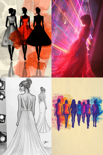 时装设计线稿逐渐变成真实模特，t台秀背景，2:3竖构图，高清细节，未来感，动态光影，模特穿着高定服装，优雅自信表情，微风吹拂衣摆，聚光灯聚焦，虚实结合，渐变效果，时尚插画风格，霓虹灯光点缀，简洁背景，高级灰与亮色碰撞，流畅线条