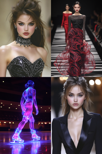 时装线稿转换真实模特试穿，2:3比例，t台灯光闪烁，超模冷峻表情，高定礼服立体剪裁，金属质感面料，动态走秀姿态，长焦镜头，浅景深，舞台烟雾，聚光灯束，未来感色调，蓝银渐变，高清细节，皮革与丝绸混搭，冷色调氛围，自信气场