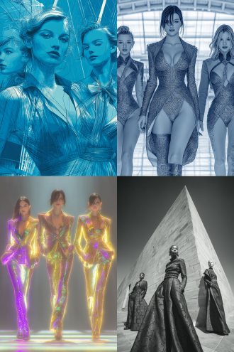 时装线稿变身真实模特，t台秀背景，2:3尺寸，高定服装，立体剪裁，流畅线条，金属质感面料，未来感，聚光灯，动态姿势，冷色调，超广角镜头，景深效果，高清细节，时尚杂志风格，自信表情，高级感，光影对比，现代建筑背景，简约构图