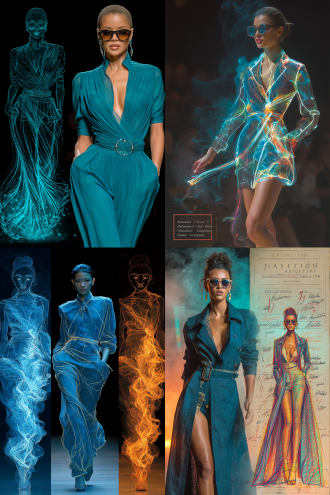 时装线稿变真实模特试穿，2：3尺寸，t台秀背景，超模走秀姿势，高级时装细节，流畅面料动态，聚光灯照明，深色背景，舞台烟雾效果，高清摄影，长焦镜头，浅景深，金属色点缀，冷色调，自信表情，未来感妆容，光影对比，动感飘逸，奢华氛围