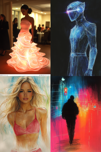 时装线稿转化为真实模特试穿效果，2：3比例，t台秀背景，动态姿势，高定服装细节展示，未来感材质，聚光灯照明，冷色调与金属色对比，超现实主义风格，长焦镜头，景深效果，模特自信表情，步伐优雅，线条流畅，时尚氛围，高清画质