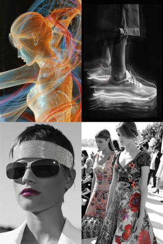 时装线稿变为真实模特试穿效果，2:3尺寸，t台秀背景，动态姿势，高定服装细节，流畅线条，超现实转换，聚光灯，金属质感，未来感，冷色调，长焦镜头，浅景深，高清纹理，时尚杂志风格，自信表情，科技感光影，简约背景，立体剪裁，优雅步伐