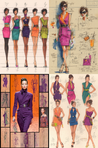 时装设计草图变为真实模特走秀效果，t台背景，2:3尺寸，模特高挑优雅，穿着设计感时装，自信表情，动态姿势，专业灯光，高清细节，华丽舞台，线条流畅，写实风格，时尚杂志质感，高对比度，暖色调，广角镜头，侧光，动感十足，精致配饰，现代感。