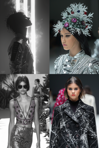 时装线稿转化为真实模特试穿效果，t台秀背景，2:3竖构图，模特高挑冷艳，身穿立体剪裁时装，金属质感面料，动态走秀姿势，聚光灯照明，暗色舞台，烟雾效果，未来感，高清细节，长焦镜头，浅景深，冷色调，自信表情，时尚大片质感。