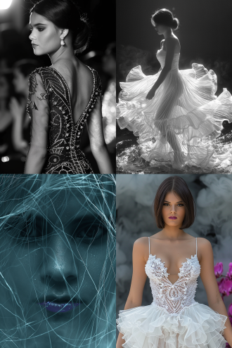 时装线稿转化为真实模特试穿效果，t台秀背景，2:3竖构图，模特高挑冷艳，身穿立体剪裁时装，金属质感面料，动态走秀姿势，聚光灯照明，暗色舞台，烟雾效果，未来感，高清细节，长焦镜头，浅景深，冷色调，自信表情，时尚大片质感。