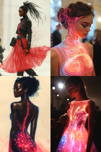 时装线稿转化为真实模特试穿效果，2：3比例，t台秀背景，动态姿势，高定服装细节展示，未来感材质，聚光灯照明，冷色调与金属色对比，超现实主义风格，长焦镜头，景深效果，模特自信表情，步伐优雅，线条流畅，时尚氛围，高清画质