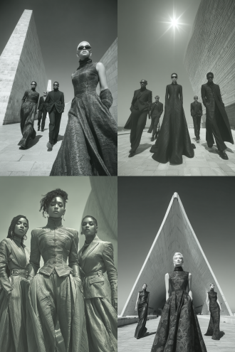 时装线稿变身真实模特，t台秀背景，2:3尺寸，高定服装，立体剪裁，流畅线条，金属质感面料，未来感，聚光灯，动态姿势，冷色调，超广角镜头，景深效果，高清细节，时尚杂志风格，自信表情，高级感，光影对比，现代建筑背景，简约构图