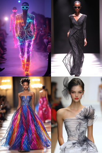 时装线稿转换真实模特试穿，2:3比例，t台灯光闪烁，超模冷峻表情，高定礼服立体剪裁，金属质感面料，动态走秀姿态，长焦镜头，浅景深，舞台烟雾，聚光灯束，未来感色调，蓝银渐变，高清细节，皮革与丝绸混搭，冷色调氛围，自信气场