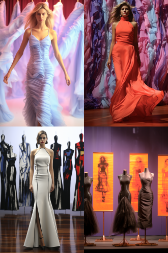 时装设计草图变为真实模特，t台秀背景，2：3竖构图，模特穿着高定礼服，冷艳表情，动态走秀姿势，聚光灯照射，细节质感清晰，金属光泽，未来感面料，超现实主义风格，浅景深，长焦镜头，高对比度，舞台烟雾，动感模糊，奢华氛围，冷色调，自信气场。