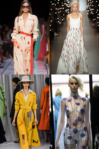 时装线稿变为真实模特试穿效果，t台灯光闪耀，模特高挑冷艳，身穿立体剪裁时装，表情自信，背景模糊观众，暖光与冷光交错，高清细节，2:3画幅，长焦镜头，浅景深，动态走秀，丝绸与金属质感，高级灰与亮色碰撞，未来感。