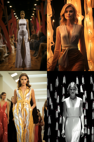 时装线稿变为真实模特试穿效果，t台灯光闪耀，模特高挑冷艳，身穿立体剪裁时装，表情自信，背景模糊观众，暖光与冷光交错，高清细节，2:3画幅，长焦镜头，浅景深，动态走秀，丝绸与金属质感，高级灰与亮色碰撞，未来感。