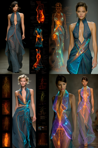 时装线稿转为真人模特效果，t台背景，2：3竖构图，高定礼服，立体剪裁，金属质感面料，聚光灯照明，动态走秀姿势，冷色调，未来感，超现实风格，细节特写，长焦镜头，锐利光影，模特冷峻表情，高级灰背景，时尚大片质感