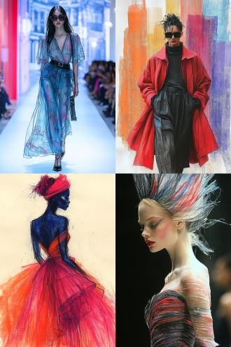 时装线稿转化为真实模特试穿效果，2：3比例，t台秀背景，动态姿势，高定服装细节展示，未来感材质，聚光灯照明，冷色调与金属色对比，超现实主义风格，长焦镜头，景深效果，模特自信表情，步伐优雅，线条流畅，时尚氛围，高清画质