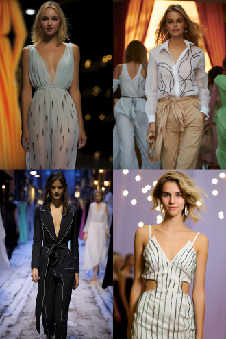 时装线稿变为真实模特试穿效果，t台灯光闪耀，模特高挑冷艳，身穿立体剪裁时装，表情自信，背景模糊观众，暖光与冷光交错，高清细节，2:3画幅，长焦镜头，浅景深，动态走秀，丝绸与金属质感，高级灰与亮色碰撞，未来感。