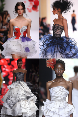 时装线稿转换真实模特试穿，2:3比例，t台灯光闪烁，超模冷峻表情，高定礼服立体剪裁，金属质感面料，动态走秀姿态，长焦镜头，浅景深，舞台烟雾，聚光灯束，未来感色调，蓝银渐变，高清细节，皮革与丝绸混搭，冷色调氛围，自信气场