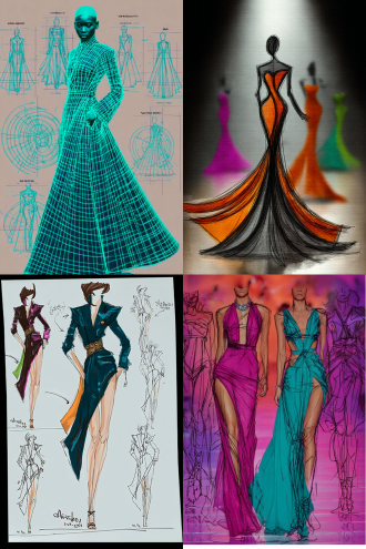 时装线稿转化为真实模特试穿效果，t台秀背景，2:3比例，模特身着高级时装，自信姿态，动态走秀，聚光灯照射，高对比度，时尚摄影，超广角镜头，浅景深，丝绸面料，金属配饰，冷色调，舞台烟雾，观众模糊背景，未来感，华丽灯光，动感十足