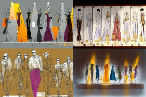 时装线稿设计草图变真实模特试穿效果，八位模特横排站立，中性表情，简约高级感服装，中间模特身着精选设计，t台秀背景，聚光灯，暗色调环境，长焦镜头，浅景深，细节清晰，丝绸与皮革材质，动态走秀姿势，冷色调与金色点缀，自信气场。