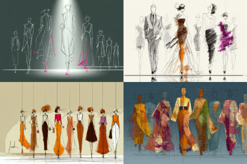 时装线稿变真实模特试穿，八位模特横排展示，中间模特穿精选服装，t台秀背景，聚光灯，动态姿势，高级时装，精致面料，流畅剪裁，中性色调，长焦镜头，浅景深，工作室灯光，自信表情，时尚前卫，金属质感，极简背景，高对比度，专业摄影，细腻纹理，光泽感，现代感