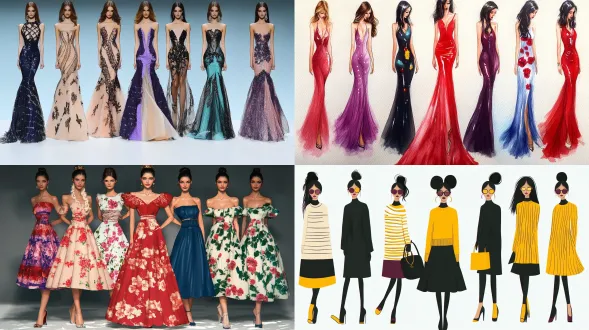 时装线稿设计草图变成真实模特试穿效果，八位模特横排展示，挑选最满意的一套服装穿在中间的模特身上，t台秀背景