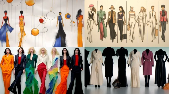 时装线稿设计草图变成真实模特试穿效果，八位模特横排展示，挑选最满意的一套服装穿在中间的模特身上，t台秀背景