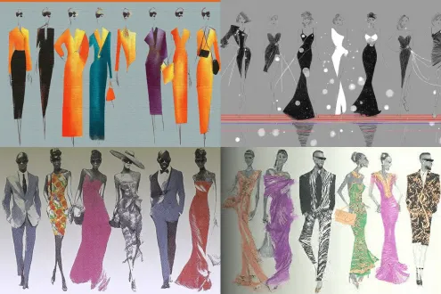 时装线稿变真实模特，八位模特横排，中间两位穿精选服装，t台秀背景，高定质感，动态走秀，聚光灯，超高清细节，长焦镜头，浅景深，冷色调，自信表情，流畅剪裁，未来感面料，光泽感，对称构图，时尚大片风格，专业摄影棚灯光，高级灰背景，优雅姿态