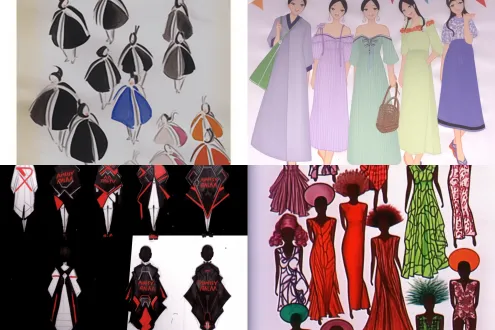 时装线稿设计草图变成真实模特试穿效果，八位模特横排展示，挑选最满意的两套服装穿在中间的两位模特身上，t台秀背景