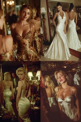 女模特优雅站立于全身镜前，穿着精致古典晚礼服，斜侧面视角，镜中映出正侧面，镜外展现背侧面，典雅高贵，华丽复古，柔光，室内，长焦镜头，浅景深，暖金色调，细腻纹理，丝绸光泽，优雅姿态，自信微笑，古典家具背景，镜面反射，柔和阴影，奢华氛围。