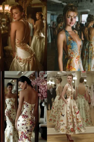 女模特试穿古典婚纱，全身镜前旋转，镜像与真人对比，拼接婚纱正面白色背面彩色，暗花刺绣凤凰牡丹，优雅微笑，室内柔光，大光圈浅景深，暖色调，细节丰富，复古风格，高质感面料，动态捕捉，华丽氛围，浪漫情绪。