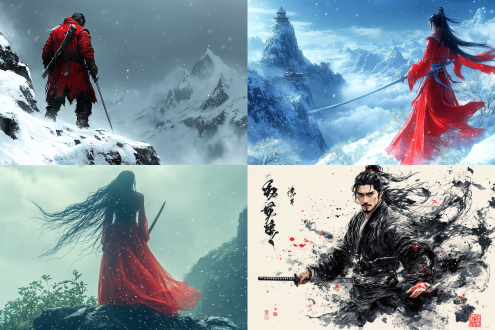 "孤寂剑客立于山巅，红衣黑发随风飘舞，神情忧郁，手握长剑指向苍穹，背景是浩瀚星空与连绵群山，水墨画风，暗色调，微光渲染，长焦镜头，低角度拍摄，动态模糊，剑气缭绕，星辰闪耀，苍茫天地，孤独感。"