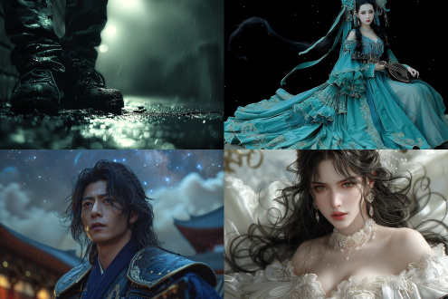 "指弹御街行，银河月牙星斗，古风人物持琴独奏，长袍飘逸，仰望星空，深邃眼神，街巷古建筑背景，月光洒落，星斗闪烁，动态光影，对称构图，冷色调，广角镜头，长曝光，丝绸质感，流云浮动，琴弦震动，意境悠远，孤独与自由交织。"