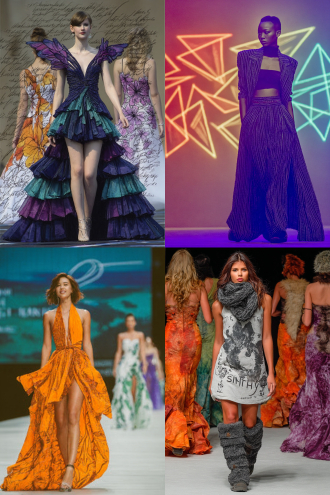 时装比赛t台，模特身着创新设计服装，自信走秀，评委席前排专注评分，舞台灯光聚焦，动态光影，高清细节，广角镜头，低角度拍摄，华丽服饰纹理，未来感材质，冷暖色调对比，时尚氛围，紧张兴奋情绪。