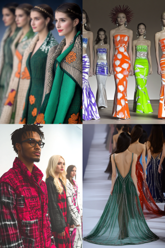 时装比赛现场，模特们穿着自己设计的各种款式服装在评委们面前亮相。