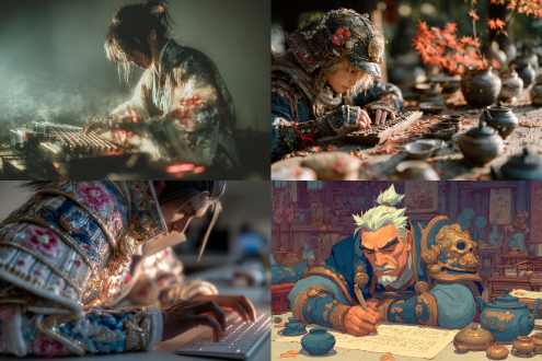 半生戎马将军转世为程序员，忧郁眼神，古装与现代混搭，深夜办公室，窗外秋风落叶，键盘与古琴并存，冷暖色调交织，暗角效果，柔焦镜头，低角度拍摄，侧逆光，孤独氛围，沉思表情，超现实风格，金属与丝绸质感，蓝色与金色对比，静谧与动荡共存。