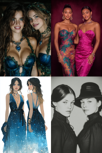 两个双胞胎姐妹站在一起，一个是正面，一个是背面，她们穿着同款的服饰，宛如岩石上爬满藤曼和青苔，长款礼裙，苗条优美的身材，姣好的面容，精致的配饰。