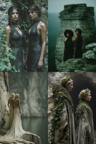 两个双胞胎姐妹站立于悬崖边，一人正面一人背面，身着同款长款礼裙，裙身如岩石爬满藤曼和青苔，苗条优美，面容姣好，配饰精致，神秘优雅，对称构图，哥特风格，暗色调，柔焦效果，广角镜头，侧逆光，裙摆飘动，岩石纹理，青苔细节，深邃眼神，冷色氛围，超现实。