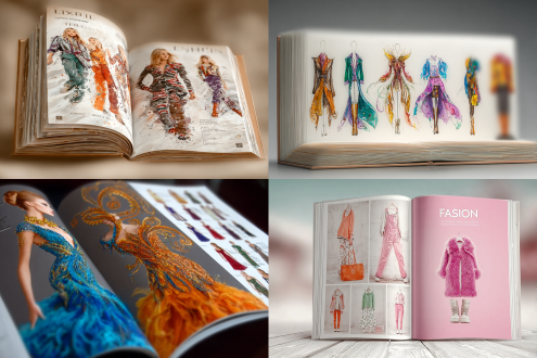 一本打开的时装杂志，印刷着不同款式的时尚服装，精美的出版物。