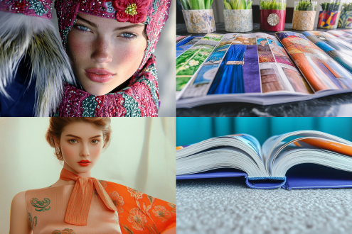 “打开的时尚杂志特写，展示多样潮流服饰，高清印刷质感，柔和室内光线，浅景深，细节锐利，高端出版物风格，平面设计感，明亮色彩搭配，时尚元素，优雅布局，纸面反光，微距镜头，自然光补光，静态展示，视觉吸引力”