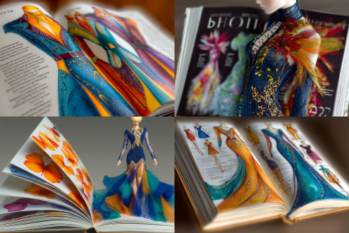 一本打开的时装杂志，印刷着不同款式的时尚服装，精美的出版物。