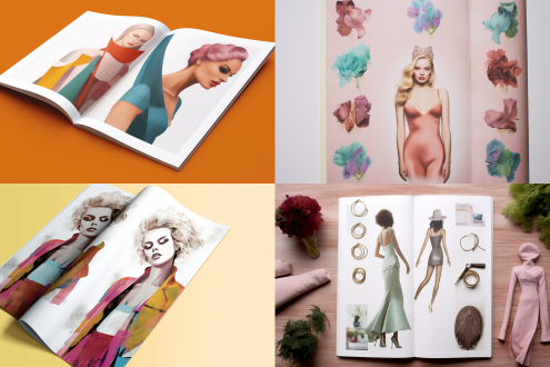 "俯视视角，时尚杂志平铺桌面，翻开页面展示多彩服装设计，精致排版，高端出版物，极简背景，柔和自然光，高分辨率，微距镜头，细节丰富，鲜艳色彩，冷静优雅，平面设计风格，纸张质感清晰，中性色调，专业摄影。"