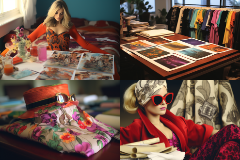 桌面放着一本打开的时装杂志，印刷着不同款式的时尚服装，精美的出版物。顶视拍摄