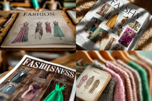 翻开的时装杂志斜俯视特写，高端印刷质感，多款时尚服装展示，文字排版精致，艺术设计师工作室背景，自然光与柔光箱结合，浅景深，50mm定焦镜头，中性色调，专业静物摄影，细节清晰，极简主义风格，真实感，高端出版物。