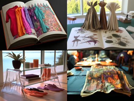 四十五度角倾斜的阅读书架上摆放着一本翻开的时装杂志，横排版，印刷着不同款式的时尚服装，高端精美的出版物，图片占主体。平视拍摄，艺术设计师正在翻看杂志，生成的图片要显得真实性和专业性。