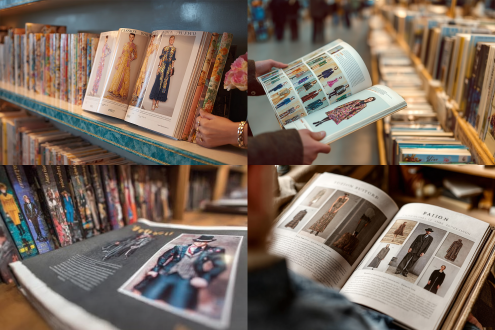 四十五度角倾斜的阅读书架上摆放着一本翻开的时装杂志，横排版，印刷着不同款式的时尚服装，高端精美的出版物，搭配文字说明，图片占主体。平视拍摄，艺术设计师正在翻看杂志，生成的图片要显得真实性和专业性。