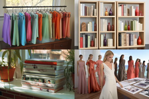 四十五度角倾斜的阅读书架，翻开的时装杂志，横排版，时尚服装款式图片占主体，高端精美印刷，搭配文字说明，艺术设计师专注翻阅，平视拍摄，真实性，专业性，柔和自然光，浅景深，中性色调，细节清晰，极简构图，工作室环境，职业装，冷静表情，专业氛围。