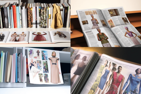 四十五度角倾斜的阅读书架上摆放着一本翻开的时装杂志，横排版，印刷着不同款式的时尚服装，高端精美的出版物，搭配文字说明，图片占主体。平视拍摄，艺术设计师正在翻看杂志，生成的图片要显得真实性和专业性。